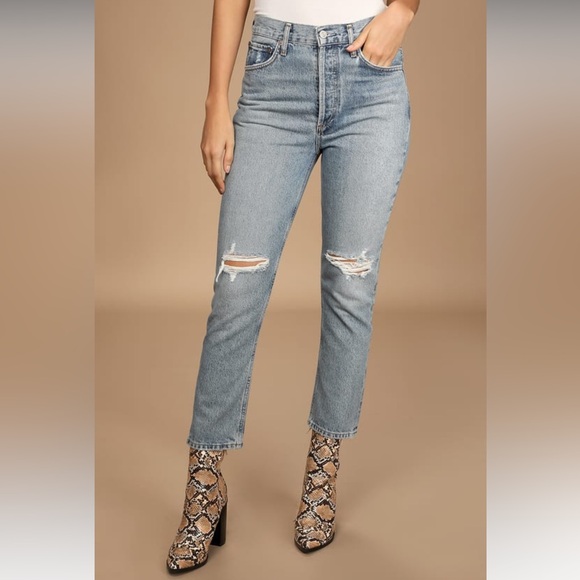 Agolde Riley Medium Wash Distressed High Rise Straight Jeans 24 - Picture 2 of 14